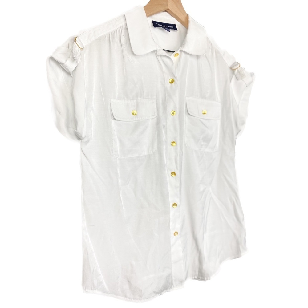 Jones New York Short Sleeve Button Down Blouse, White Gold - Size S - Picture 2 of 6